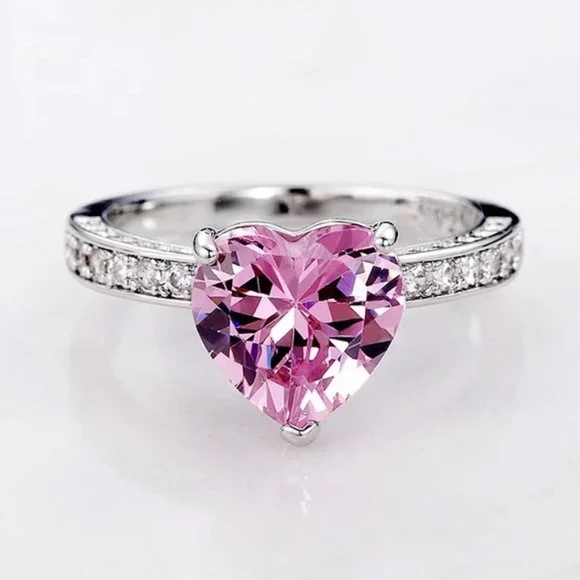 New Trendy Heart Shape Zircon Wedding Rings For Women Romantic Pink Engagement - Picture 2 of 4